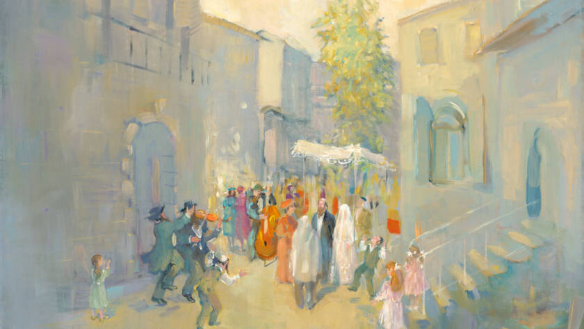 Painting of a Hasidic wedding in the ancient streets of Jerusalem, symbolizing love, tradition, and the deep connection to Jewish heritage. Art behind the scenes.