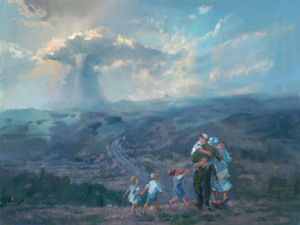 Painting of a family standing together at sunset in the rolling hills of Israel, framed by soft light and a sense of deep connection.