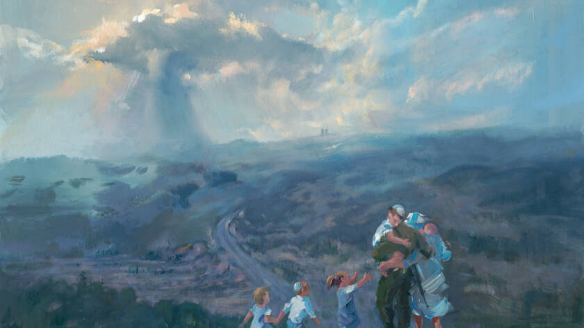 Painting of a family standing together at sunset in the rolling hills of Israel, framed by soft light and a sense of deep connection.