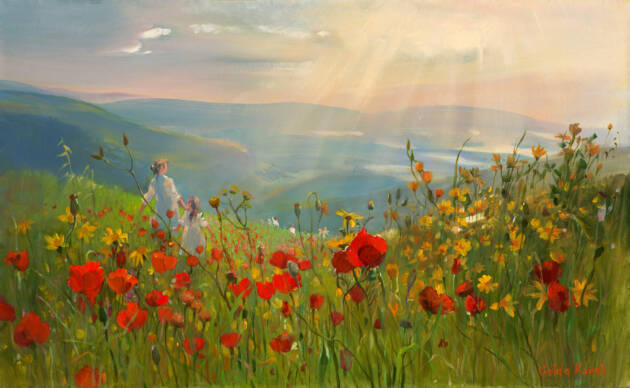 Painting of two young girls joyfully running through a vibrant field of calanit, symbolizing freedom, heritage, and the beauty of childhood.