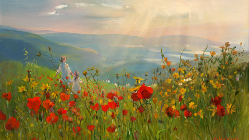 Painting of two young girls joyfully running through a vibrant field of calanit, symbolizing freedom, heritage, and the beauty of childhood.