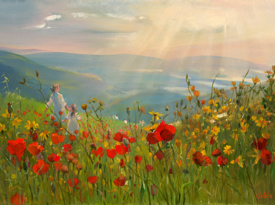 Painting of two young girls joyfully running through a vibrant field of calanit, symbolizing freedom, heritage, and the beauty of childhood.
