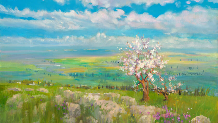 Painting of the golden light and rolling landscapes of Israel, symbolizing deep connection, heritage, and a love for the land.