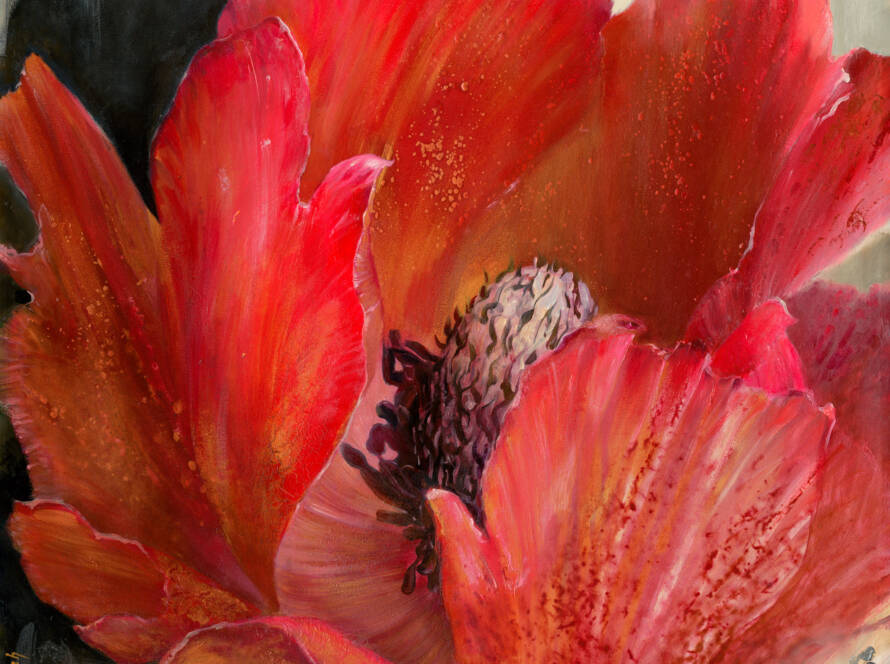Painting of a bright red Calanit flower, symbolizing resilience, heritage, and the deep-rooted connection between the Jewish people and the land of Israel.