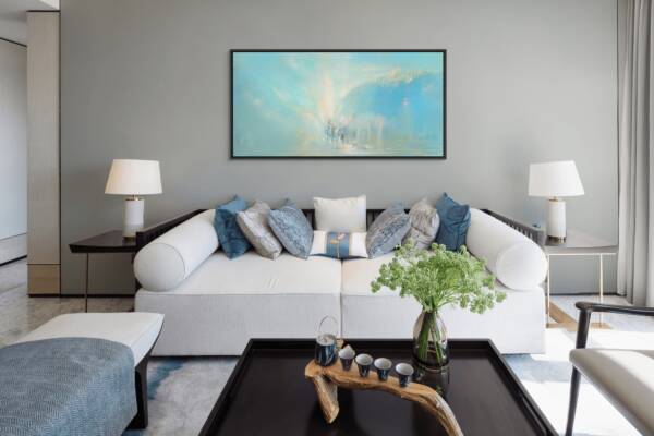 Mockup of a painting depicting the parting of the sea, with soft blue tones symbolizing faith and hope, displayed in a room to evoke the spiritual significance and journey toward the Promised Land.