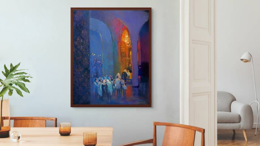 Mockup of a painting showing Hasidim wrapped in their tallit at the entrance of a synagogue, with contrasting dark night tones and warm golden light symbolizing solace, community, and spiritual refuge.