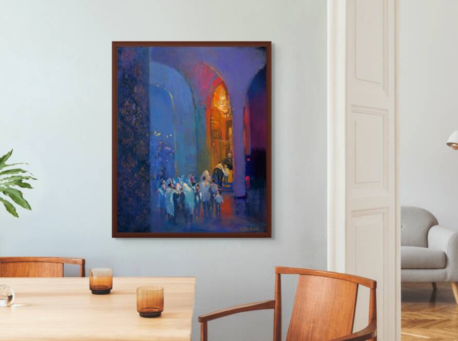 Mockup of a painting showing Hasidim wrapped in their tallit at the entrance of a synagogue, with contrasting dark night tones and warm golden light symbolizing solace, community, and spiritual refuge.