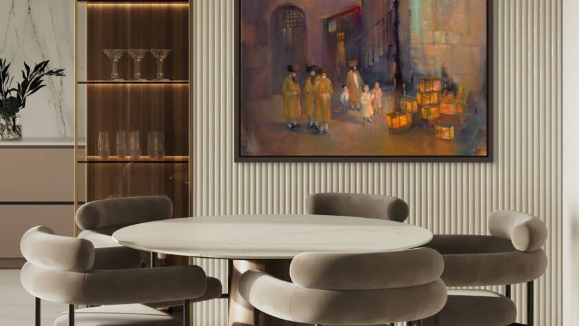A painting depicting Hasidic men in Jerusalem during Hanukkah, with candlelight reflecting in their eyes, symbolizing faith, resilience, and the timeless celebration of light over darkness. The scene depicts a Jewish home where they value investing in Judaica art.