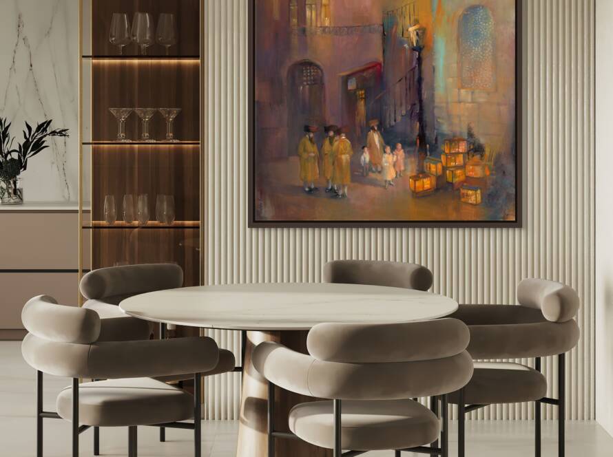 A painting depicting Hasidic men in Jerusalem during Hanukkah, with candlelight reflecting in their eyes, symbolizing faith, resilience, and the timeless celebration of light over darkness. The scene depicts a Jewish home where they value investing in Judaica art.
