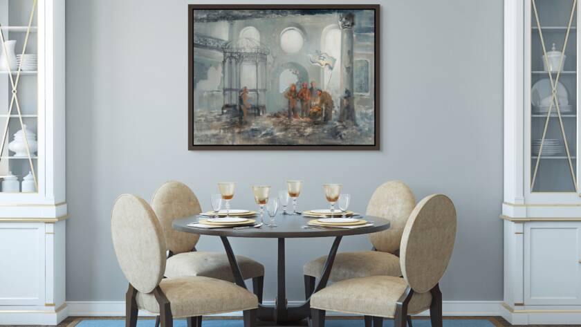 Mockup of a painting depicting IDF soldiers lighting Hanukkah candles amid the ruins, with the gentle glow of the menorah contrasting with the somber tones of destruction, symbolizing hope, resilience, and faith in the face of adversity.