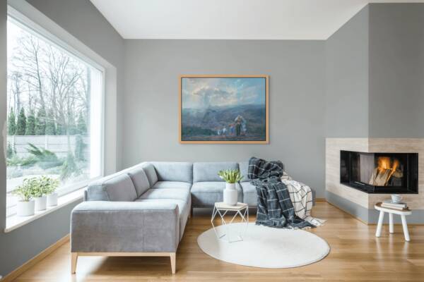 Mockup of a painting depicting a family standing together on a hillside in Israel at sunset, framed by soft rolling hills and divine light, symbolizing connection, heritage, and the eternal bond between the people and the land.