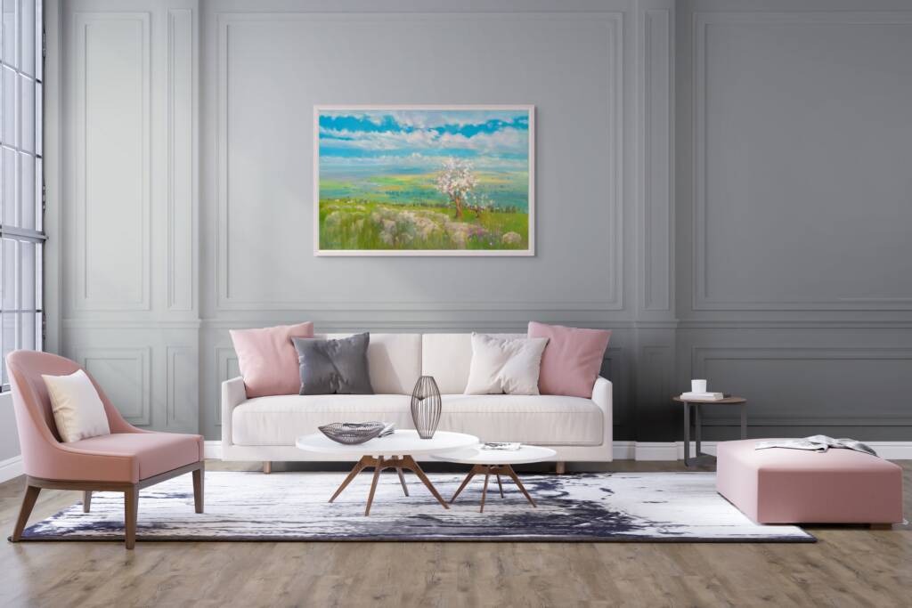 Mockup of a painting depicting the golden light, ancient trees, and rolling landscapes of Israel, symbolizing a deep connection to the land, heritage, and the love for the country.