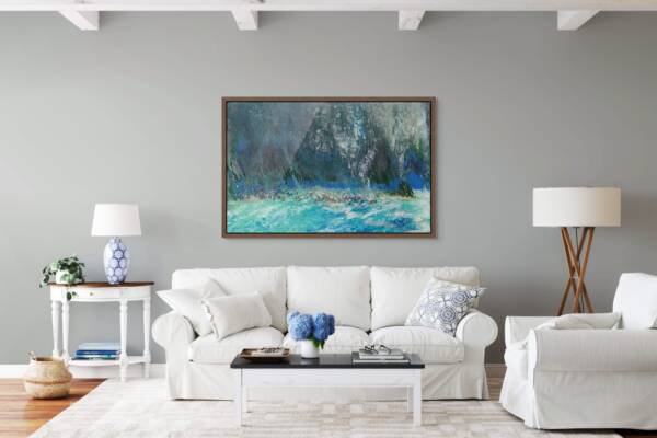 Mockup of a painting illustrating the divine intervention during the splitting of the Red Sea, with intense waves and stormy depths symbolizing the challenges faced, while light emerges as a beacon of transformation and hope for the Israelites.