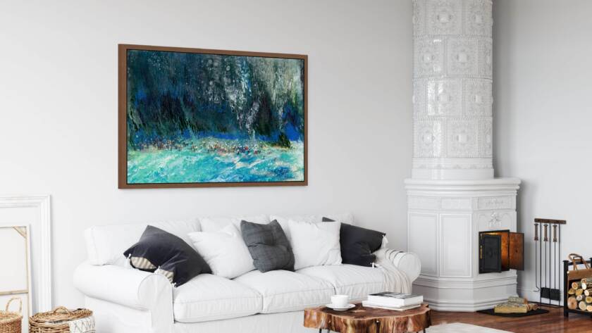 Mockup of a painting depicting the dramatic moment of the Red Sea splitting, with dark, moody colors and towering waves contrasted by a light emerging as a symbol of hope, faith, and salvation guiding the Israelites to freedom.