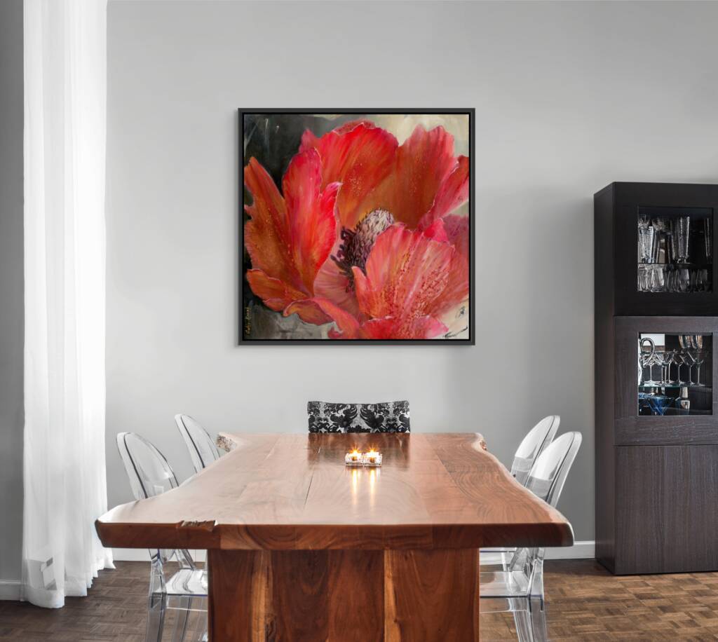Mockup of a painting of the Calanit flower, Israel's national symbol, with vibrant red petals representing beauty, resilience, and the deep-rooted connection between the Jewish people and their homeland.