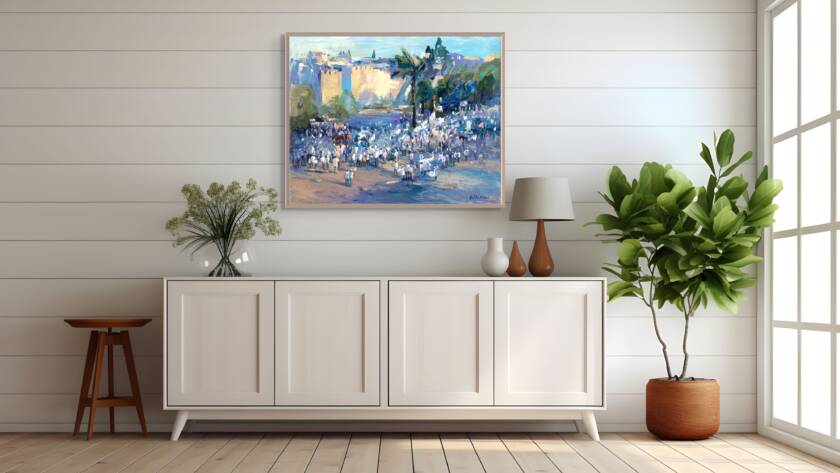 Yom Yerushalayim Flag Parade by Golda Koosh - Judaica painting in room setting