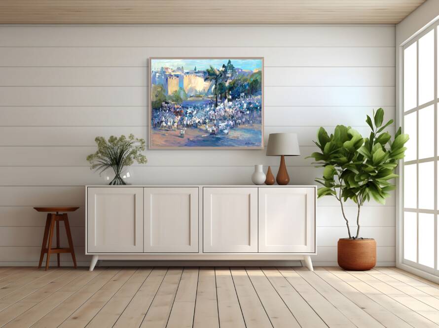 Yom Yerushalayim Flag Parade by Golda Koosh - Judaica painting in room setting