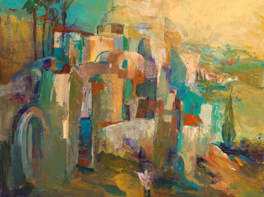 Golda Koosh painting celebrating Shavuot and the giving of the Torah in vivid Judaica style