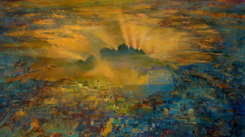 A serene sunrise over Jerusalem, golden light spilling over Har HaBayit - painting by Golda Koosh