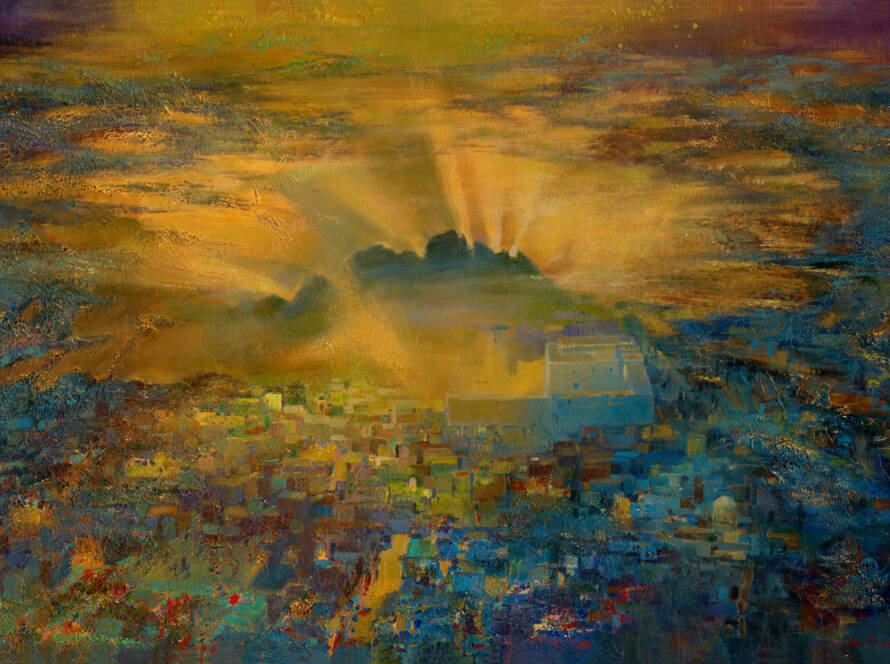 A serene sunrise over Jerusalem, golden light spilling over Har HaBayit - painting by Golda Koosh